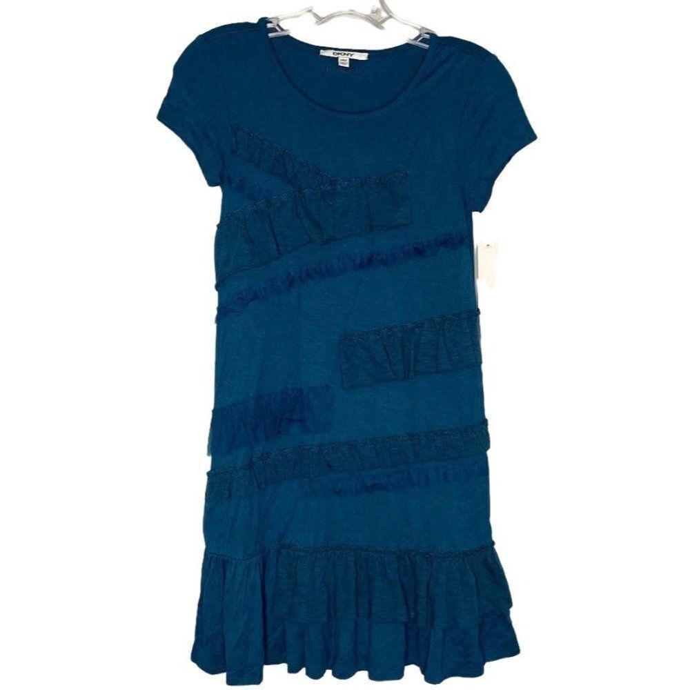 DKNY Girls Blue Dress Legion Blue Ruffle Shift Soft Sz Large 12 NEW